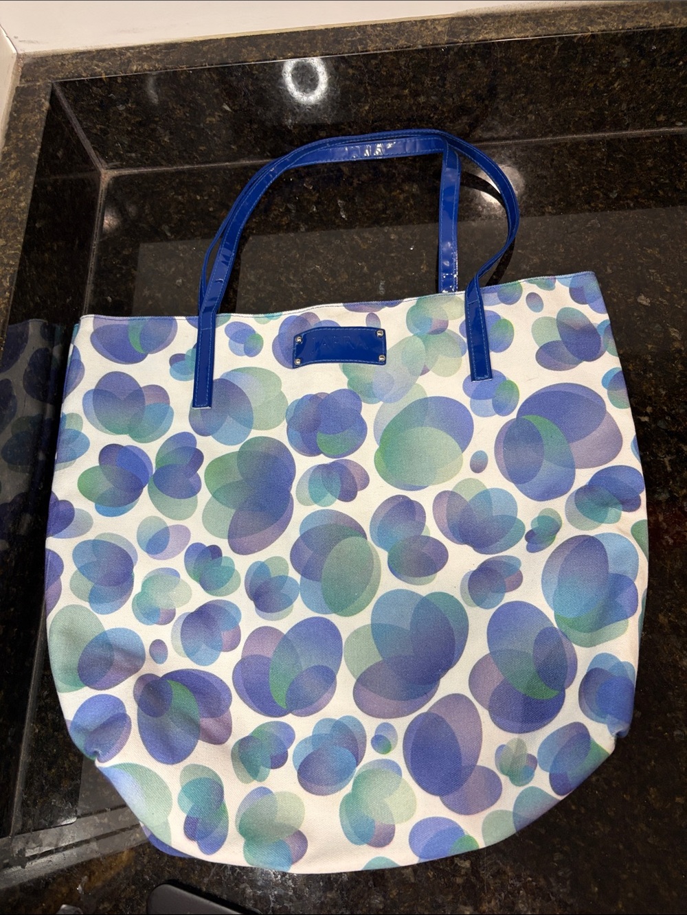 JAFRA Blue Multi-Spot Canvas Tote Bag with Blue Handles and Lined Interior